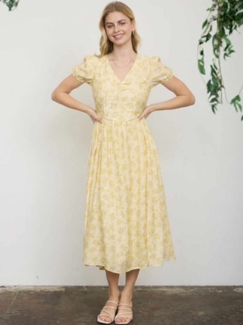 Women's Yellow Floral Midi Dress. Beautiful Dress.
